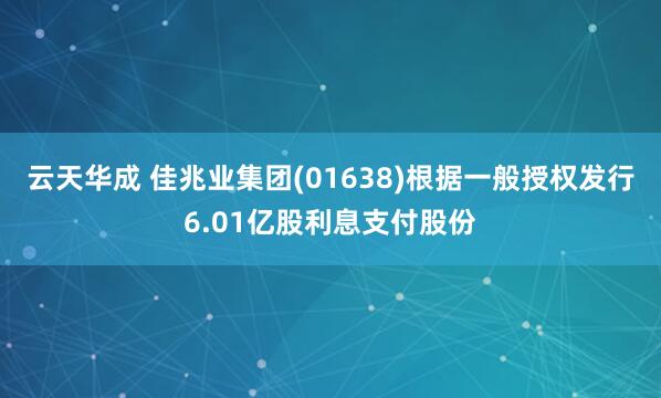 云天华成 佳兆业集团(01638)根据一般授权发行6.01亿股利息支付股份